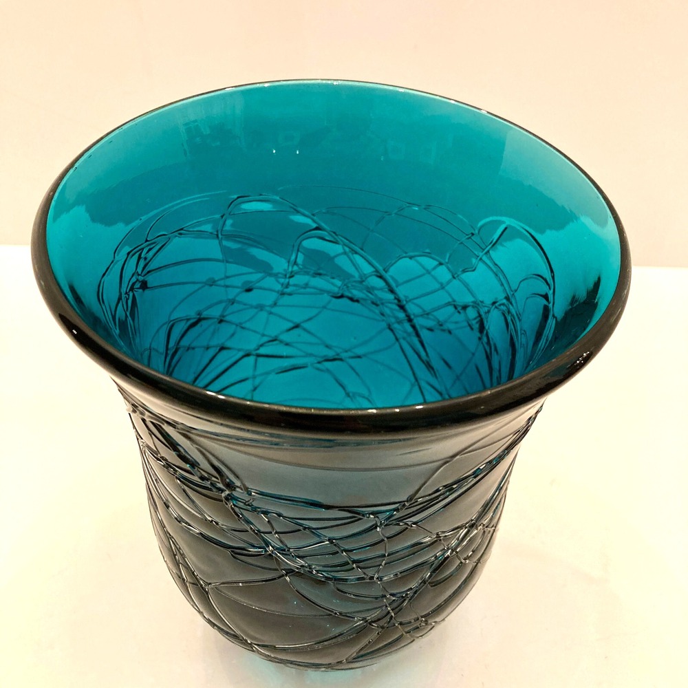 Vintage Hand Blown Threaded Thick Art Glass‎ Vase 8.5" Tall Aqua Teal Very Heavy